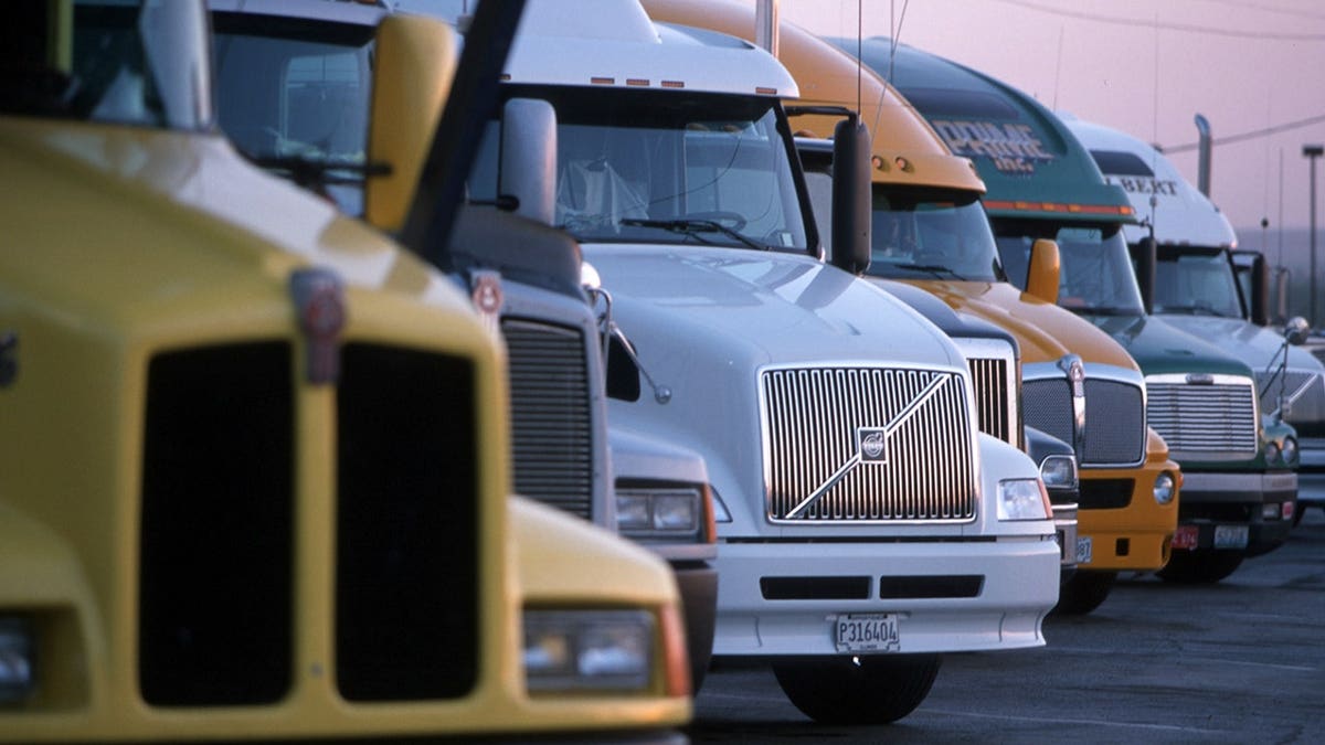 Trailer-tractor rigs are parked in a row.