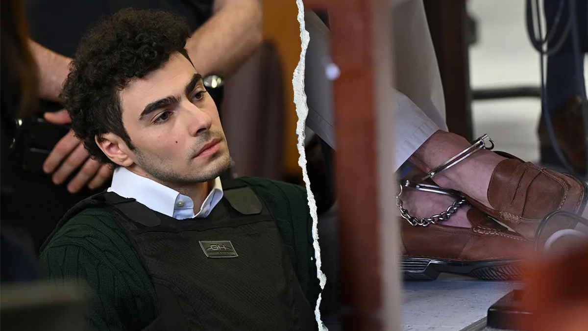 Split image shows Luigi Mangione in court and his shackled feet after guards found a pair of notes smuggled in his socks