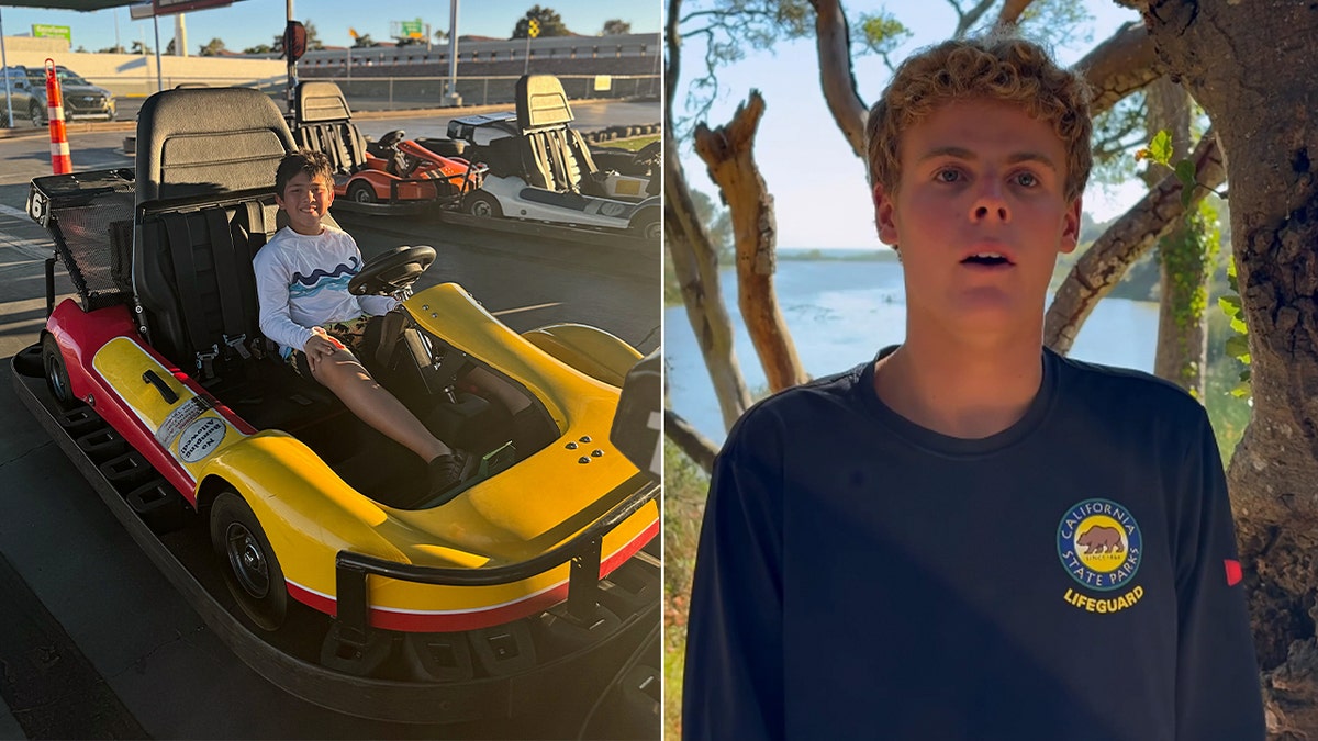 split photo of boy in kart and teen lifeguard Williams