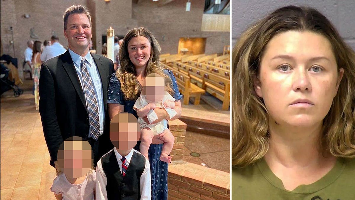 A split photo showing Corie Walsh smiling with her family inside a church on the left, next to her booking mugshot on the right.