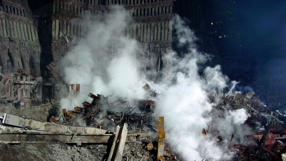 Ground Zero aftermath of smoking rubble.