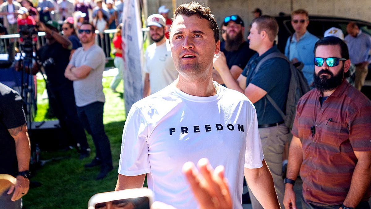 Charlie Kirk speaks at Utah Valley University before fatal shooting.