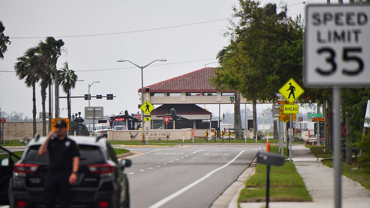 Tampa Police Department officers block traffic along South Dale Mabry Highway near MacDill Air Force Base.