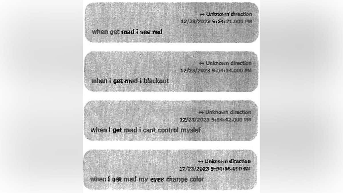 Screenshot of four text messages attributed to Karmelo Anthony that say he sees red, blacks out, cannot control himself and believes his eyes change color when he gets angry.