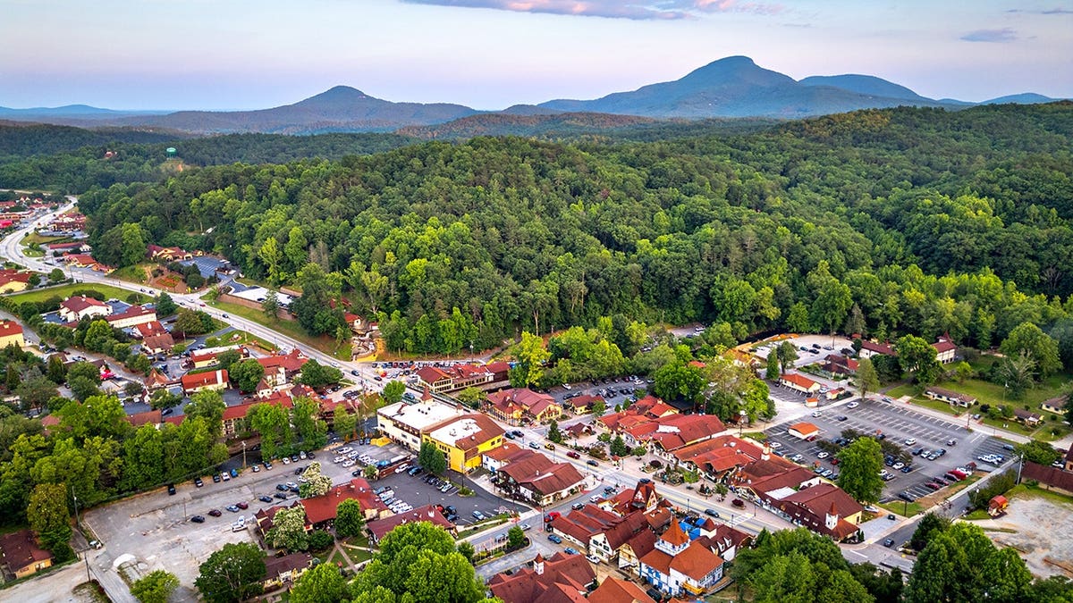 Mount Yonah rises in the distance above downtown Helen, Georgia.