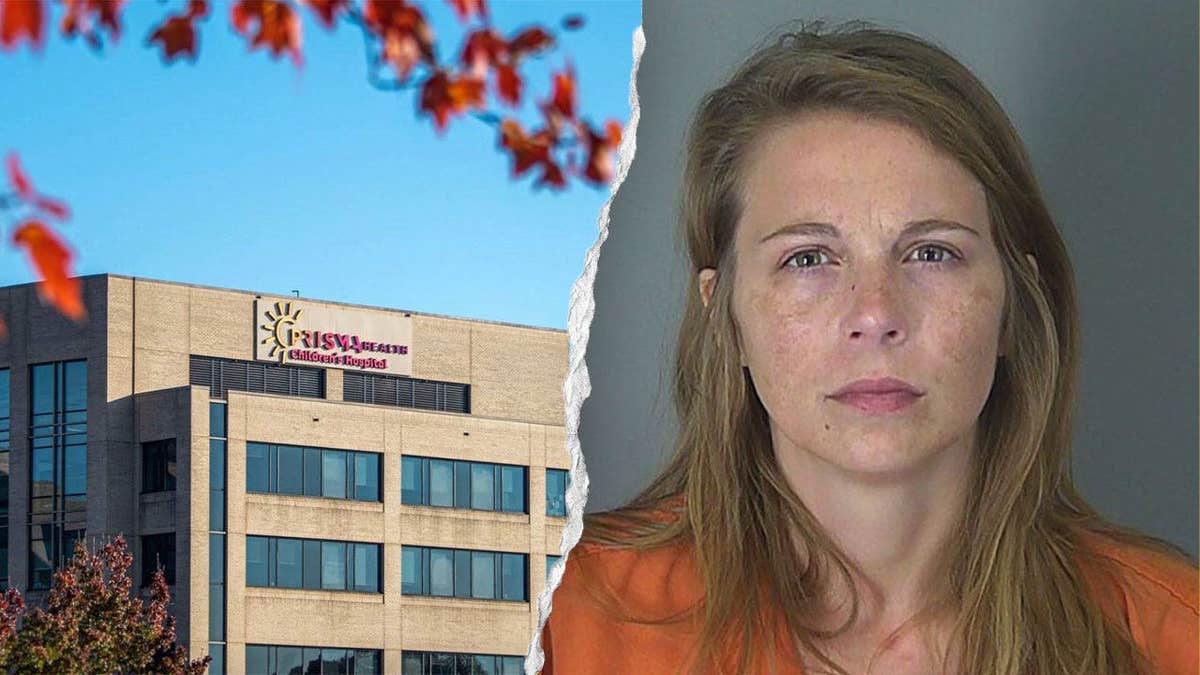 Taylor Gosnell’s booking photo alongside Prisma Health Children’s Hospital in Greenville, South Carolina