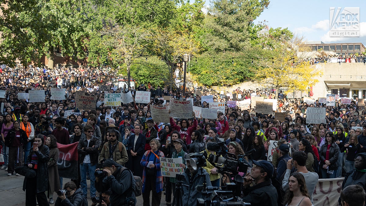 Students protest on Ho Plaza at Cornell University, Monday October 5, 2026 in Ithaca, NY. in response to an The protest in response to an alleged sexual assault in 2024, accused are some members of the Chi Phi fraternity. (Richard Beetham for Fox News Digital)