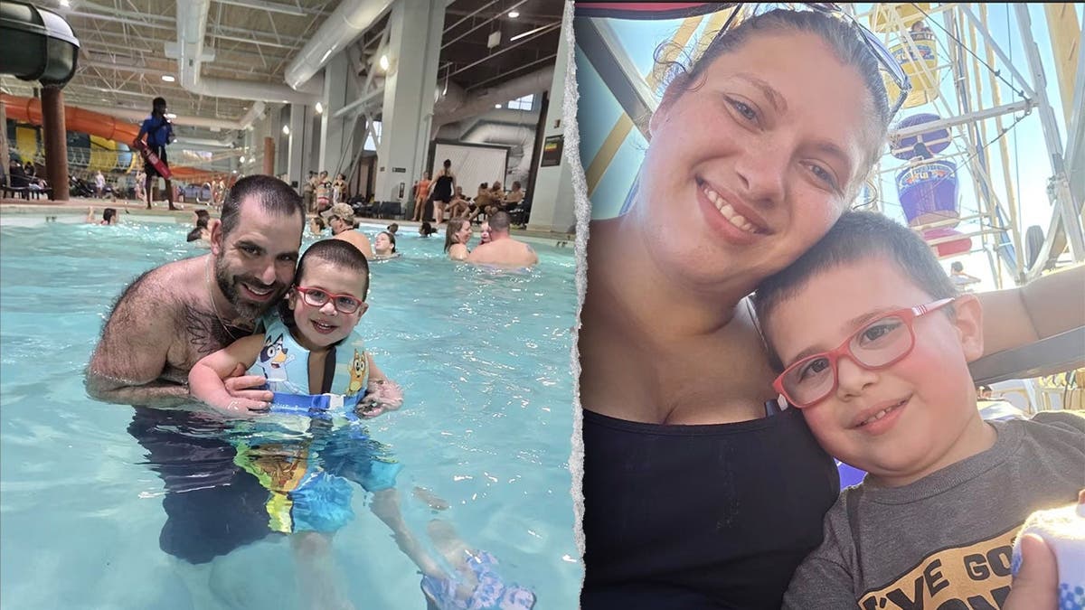 image shows split of family at waterpark