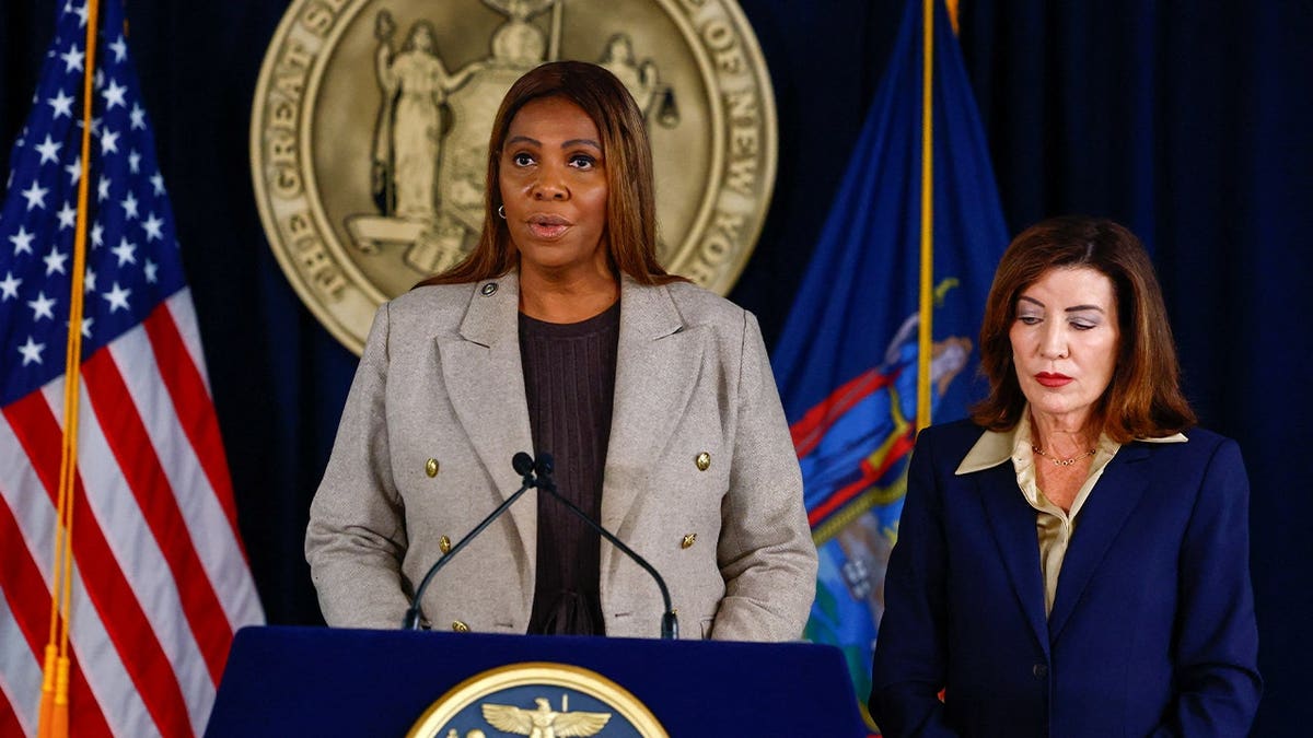 New York Governor Kathy Hochul and New York Attorney General Letitia James attend a press conference regarding an investigation into alleged sexual assault at Cornell University, in New York City, US, October 2, 2026.