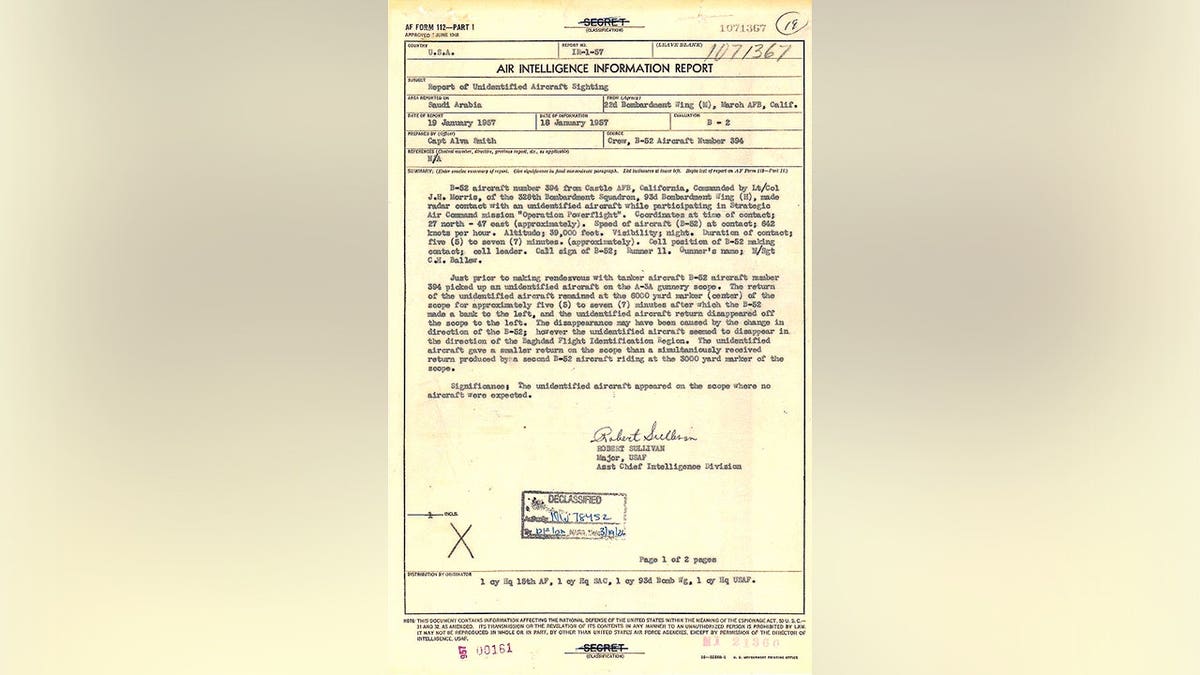 Declassified 1957 Air Force intelligence report describing a B-52 bomber's encounter with an unidentified radar target near Saudi Arabia.