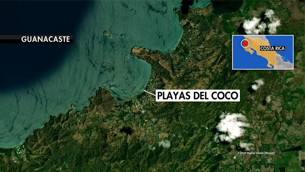 Satellite map labels Playas del Coco along a bay in Guanacaste, with an inset map marking its location in northwestern Costa Rica.