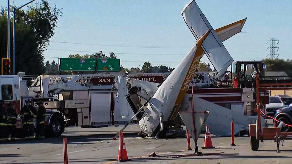 The wreckage of a single-engine Cessna
