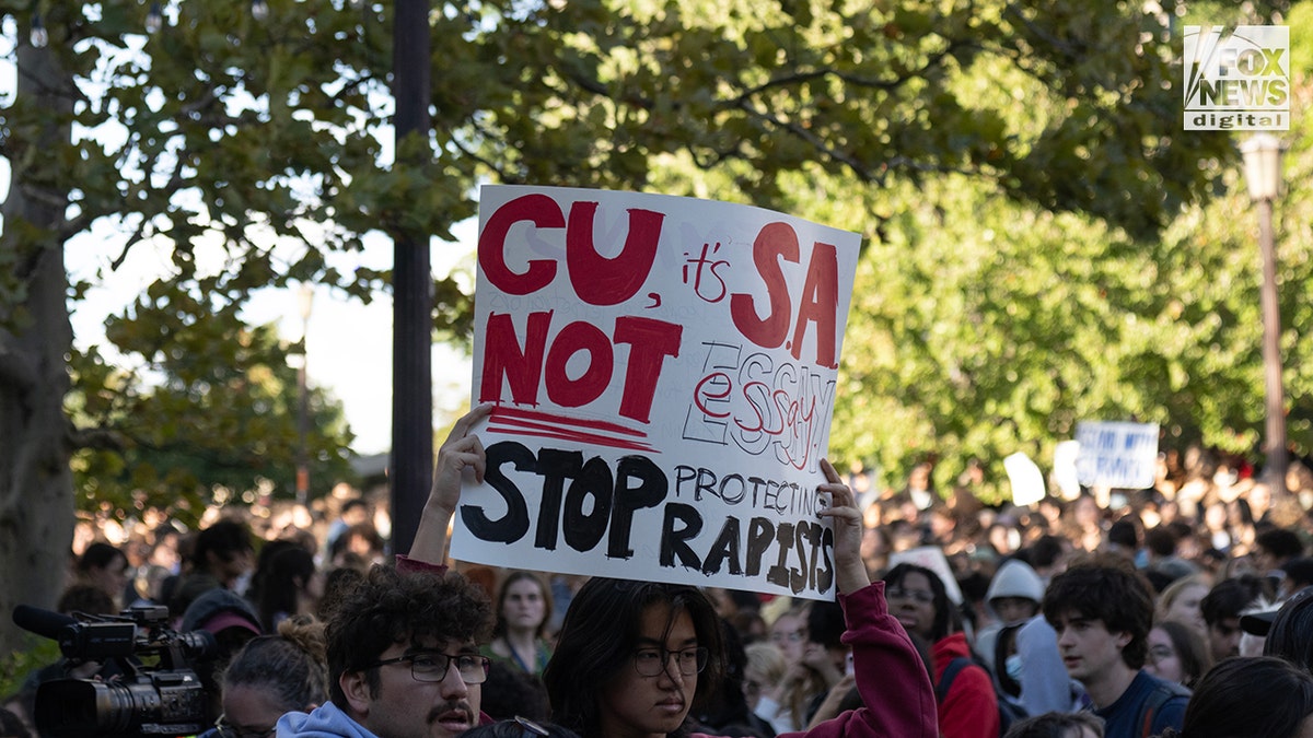 Students protest on Ho Plaza at Cornell University, Monday October 5, 2026 in Ithaca, NY. in response to an The protest in response to an alleged sexual assault in 2024, accused are some members of the Chi Phi fraternity. (Richard Beetham for Fox News Digital)
