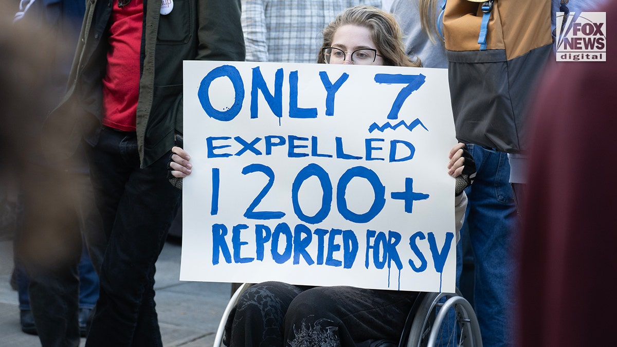 Students protest on Ho Plaza at Cornell University, Monday October 5, 2026 in Ithaca, NY. in response to an The protest in response to an alleged sexual assault in 2024, accused are some members of the Chi Phi fraternity. (Richard Beetham for Fox News Digital)