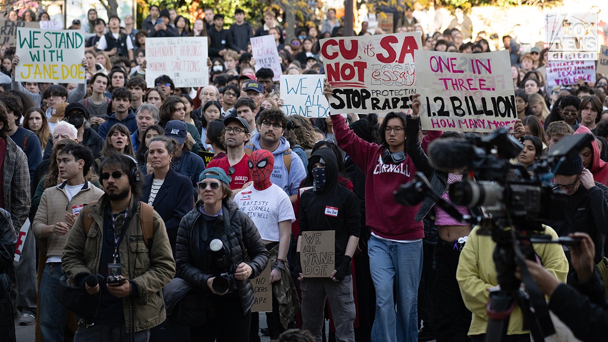Students protest on Ho Plaza at Cornell University, Monday October 5, 2026 in Ithaca, NY. in response to an The protest in response to an alleged sexual assault in 2024, accused are some members of the Chi Phi fraternity. (Richard Beetham for Fox News Digital)