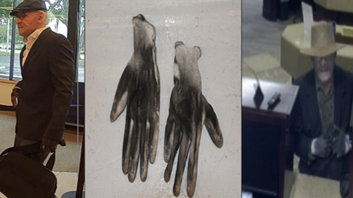 Composite shows surveillance images of a masked bank robbery suspect alongside gloves with black paint