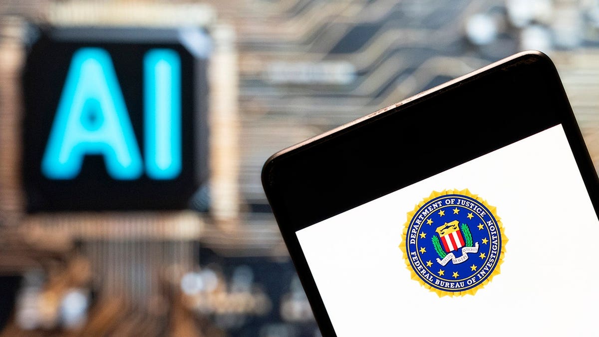 FBI logo displayed on a smartphone with an AI chip symbol in the background.