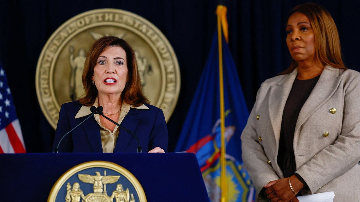 New York Governor Kathy Hochul and New York Attorney General Letitia James attend a press conference regarding an investigation into alleged sexual assault at Cornell University, in New York City, US, October 2, 2026.