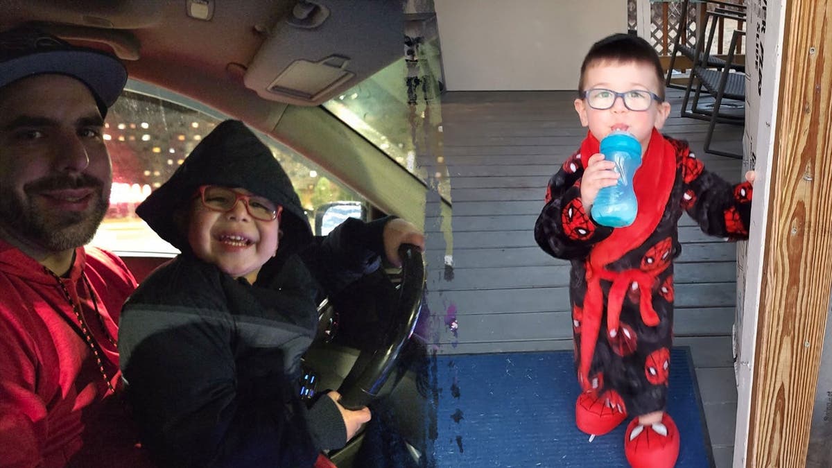 image shows dad and son on left, son on right