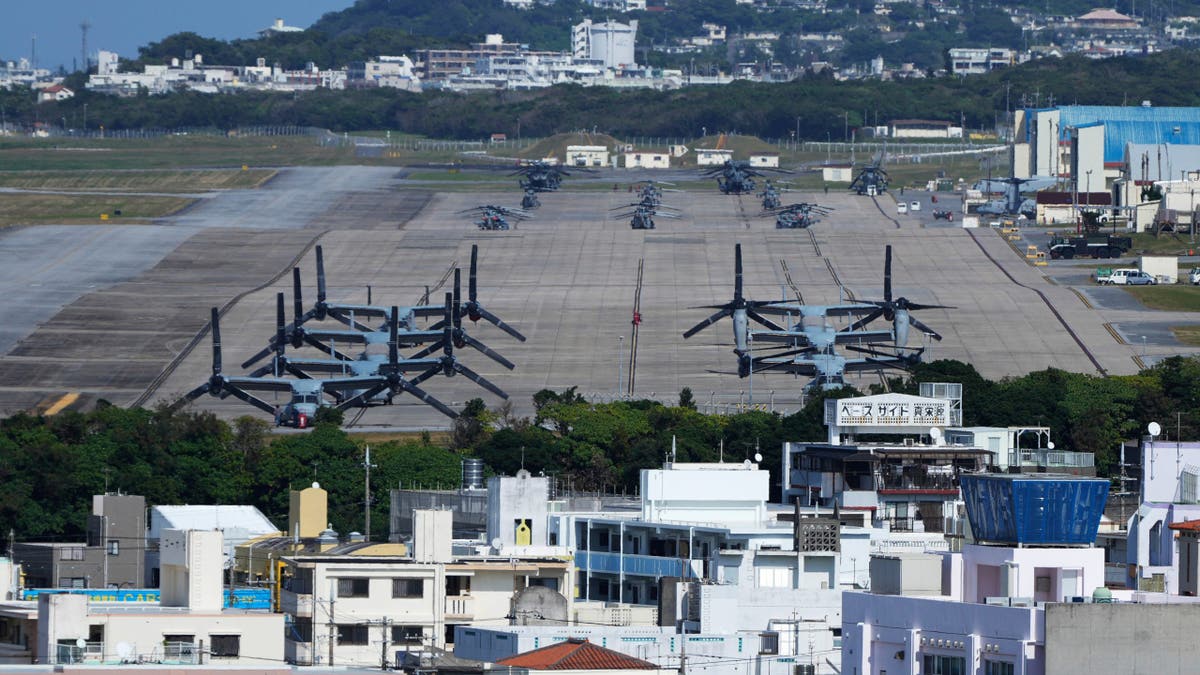 U.S. MV-22 Osprey transport aircraft parked at Marine Corps Air Station Futenma in Ginowan, Okinawa