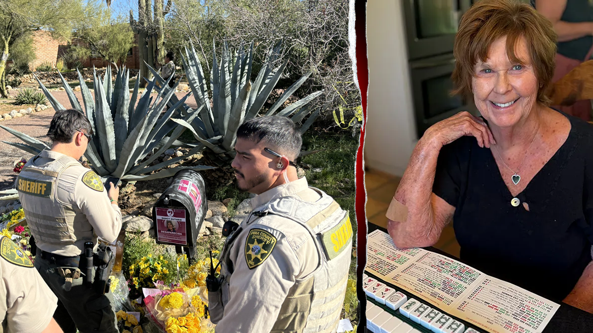 A split image showing Pima County deputies at the home of Nancy Guthrie, and a portrait of guthrie playing mahjong