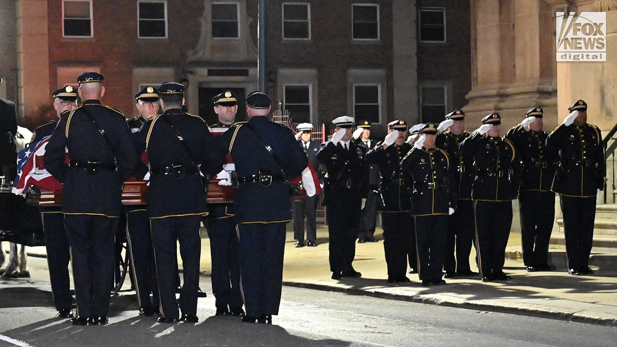 The casket of the late Philadelphia Police Officer Shane Seiber is escorted into Cathedral Basilica in Philadelphia, Pennsylvania, United States on Tuesday, October 20, 2026. Police Officer Shane Seiber will be remembered at a funeral service after being killed in the line of duty. Credit: Kyle Mazza/CNP for Fox News Digital
