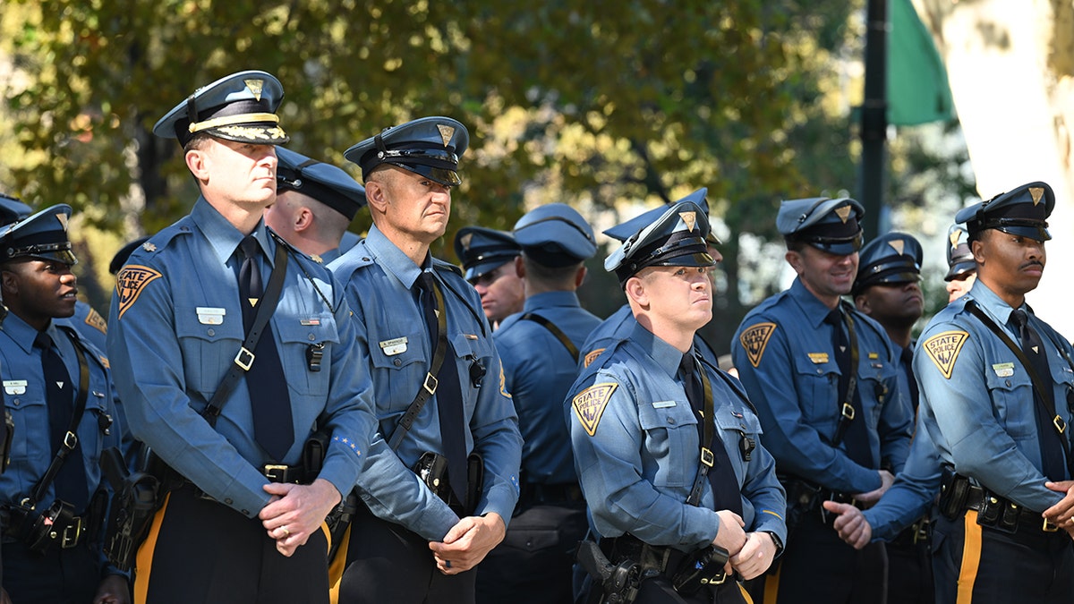 New Jersey State Police officers gather outside Cathedral Basilica to honor the life of the late Philadelphia Police Officer Shane Seiber in Philadelphia, Pennsylvania, United States on Tuesday, October 20, 2026. Police Officer Shane Seiber will be remembered at a funeral service after being killed in the line of duty.
Credit: Kyle Mazza/CNP for Fox News Digital