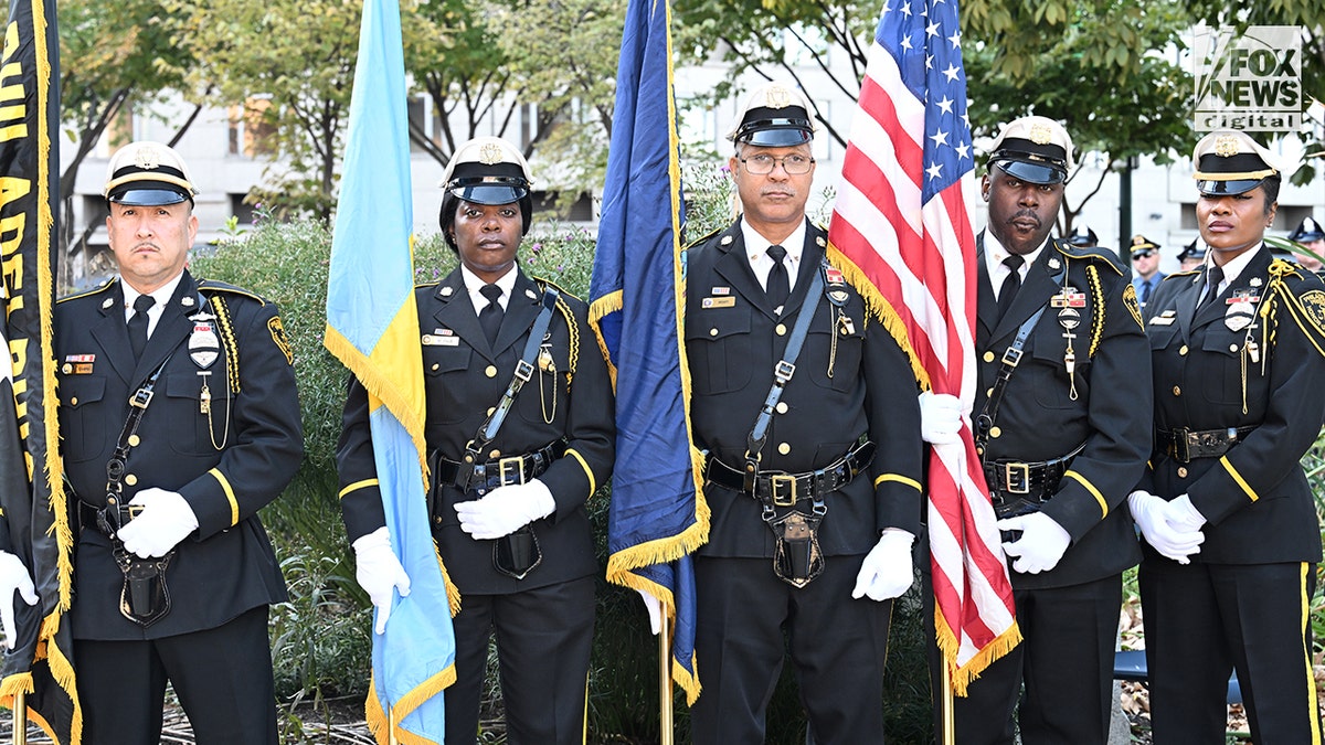 Philadelphia Prison Guard Honor Guard members gather outside Cathedral Basilica to honor the life of the late Philadelphia Police Officer Shane Seiber in Philadelphia, Pennsylvania, United States on Tuesday, October 20, 2026. Police Officer Shane Seiber will be remembered at a funeral service after being killed in the line of duty. Credit: Kyle Mazza/CNP for Fox News Digital
