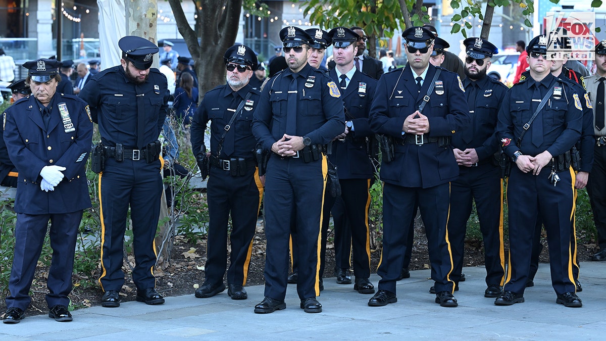 New Jersey State Police officers gather outside Cathedral Basilica to honor the life of the late Philadelphia Police Officer Shane Seiber in Philadelphia, Pennsylvania, United States on Tuesday, October 20, 2026. Police Officer Shane Seiber will be remembered at a funeral service after being killed in the line of duty. Credit: Kyle Mazza/CNP for Fox News Digital